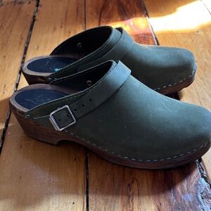 Lotta From Stockholm Olive Green Suede Clogs with Wood Heel